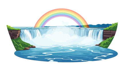 A vibrant rainbow arches over the majestic Niagara Falls, with lush green cliffs on either side.