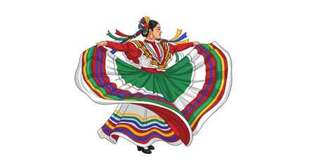 A woman in a colorful traditional Mexican folk dress is dancing with her arms outstretched.
