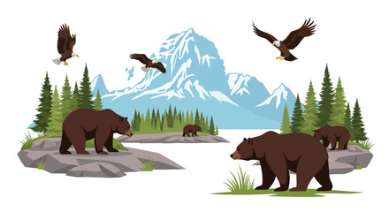 A vibrant illustration depicting a natural mountain landscape with brown bears, cubs, and flying eagles amidst pine trees and rocky terrain.