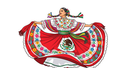 Illustration of a woman in a traditional Mexican dress with the Mexican flag emblem.
