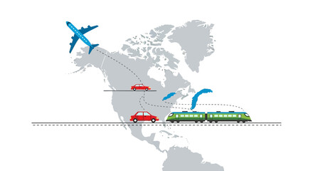 Transportation network concept with airplane, train, and cars on a map of North America.