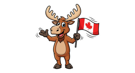A cartoon moose proudly waves the Canadian flag with its antlers raised and a friendly expression.