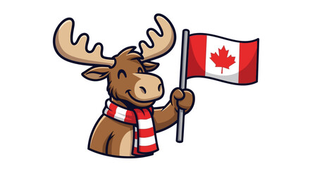 Happy cartoon moose wearing a striped scarf and proudly waving the Canadian flag.