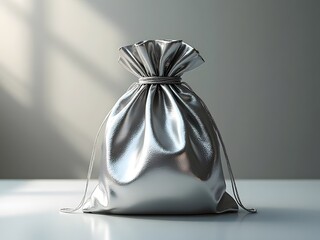 A lustrous silver drawstring bag, perfectly tied, dominates a minimalist gray setting, horizontal composition. The soft light accentuates its shimmering texture, suggesting wealth and premium quality.
