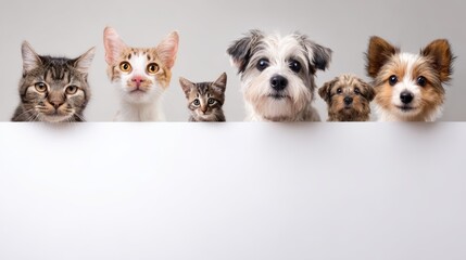 Group of dogs and cats playfully arranged above white banner, showcasing mixed pets in harmonious companionship for pet businesses, animal welfare, and veterinary services