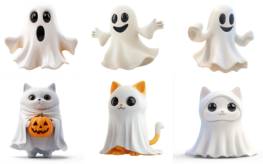 A collection of cute, cartoonish ghost and cat characters in various poses and expressions.