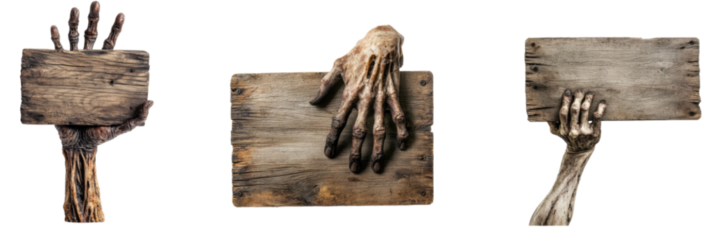 Collection of wooden signs with hands holding them, set against a white background.