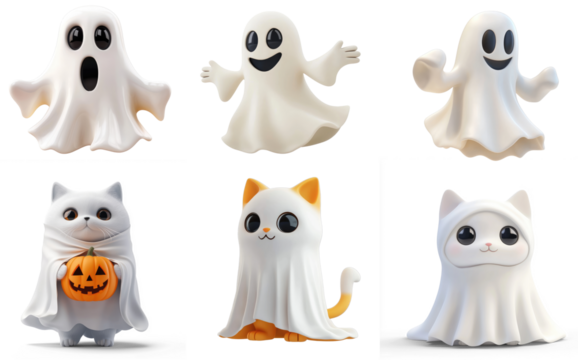A collection of cute, cartoonish ghost and cat characters in various poses and expressions.