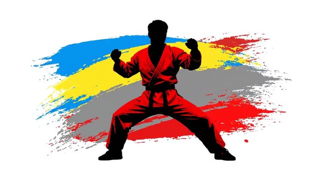 Dynamic Animation of a Martial Arts Fighter Silhouette with Colorful Abstract Paint Splashes