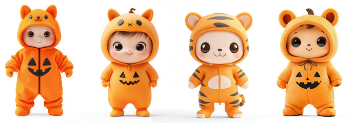 Fototapeta premium Collection of tiger costumes with black stripes and white faces, standing in a row.