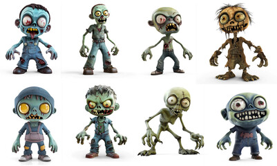 A collection of eight cartoon zombie characters with various poses and expressions.