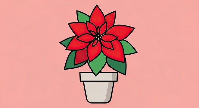 Illustration of a red poinsettia plant in a white pot on a pink background.