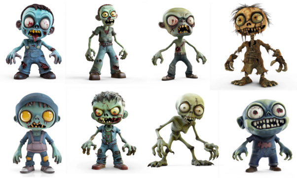 A collection of eight cartoon zombie characters with various poses and expressions.