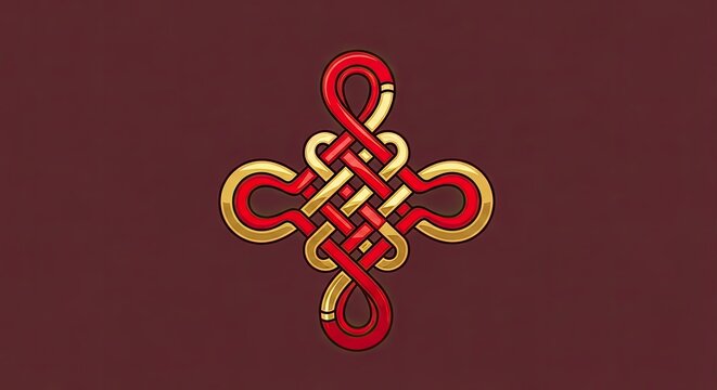 A symmetrical endless knot, an auspicious symbol in Buddhism, rendered in red and gold on a dark maroon background.