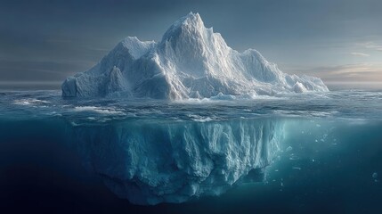 Iceberg showing underwater risk and hidden threat concept. Majestic iceberg floating in tranquil ocean waters at sunset.