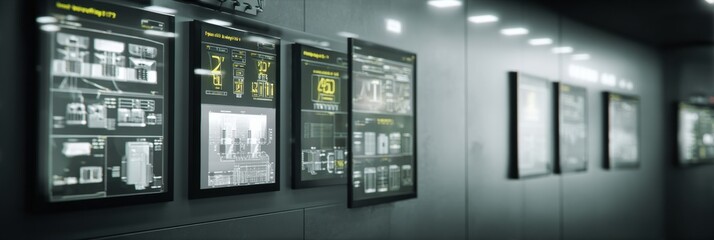 A series of digital displays line the wall, presenting data and analytics in a contemporary facility with a sleek design.