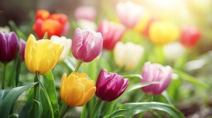 Vibrant blooming colorful tulips wallpaper background stunning spring flower garden desktop mobile screensaver.