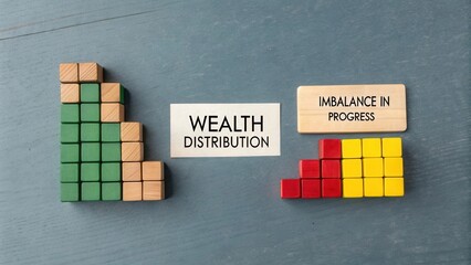 Visualization of Wealth Distribution and Imbalance in Economic Progress Using Colorful Wooden Blocks on a Blue Surface