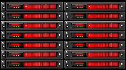 Powerful servers rack with blazing red indicator lights operating in a secure data center environment.
