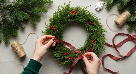 Woman's hands tying a plaid ribbon bow on a Christmas evergreen wreath with red berries, top view
