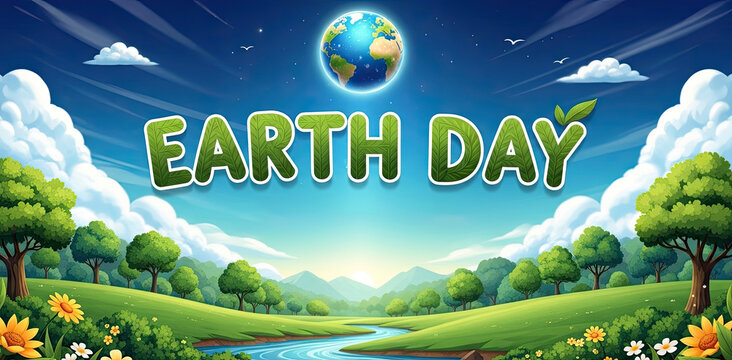 Earth Day background with earth globe with natural landscape cardoon style illustration 