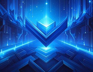 Abstract blue geometric composition, radiating light and sharp edges