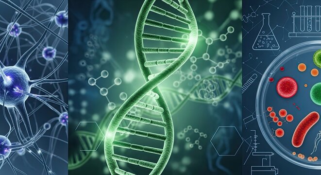 DNA strands and cells in a laboratory setting.