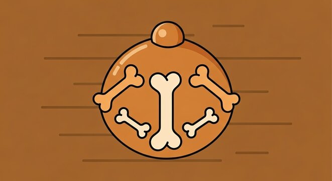 Cartoon illustration of a round, brown dog treat or bell containing stylized bones.