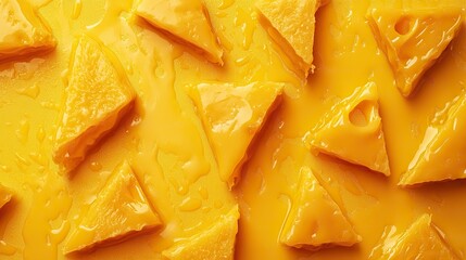 Grilled cheese triangles oozing cheddar on a bright yellow background