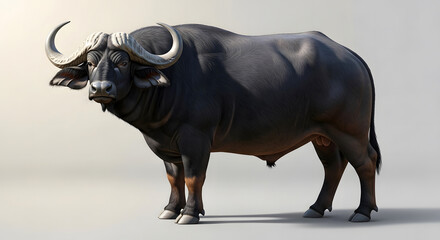 A powerful African buffalo with large horns stands majestically on a plain background, showcasing its robust physique and imposing presence.