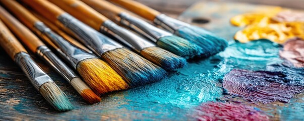 Obraz premium Set of accessories for painting with brushes and paints concept. A vibrant palette with various paint brushes and colors for artists.