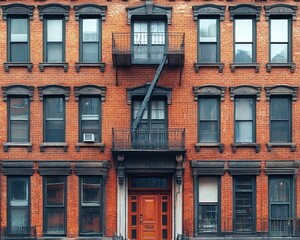 Symmetrical red brick apartment building facade with multiple tall windows and black wrought iron fire escapes, evoking urban residential life