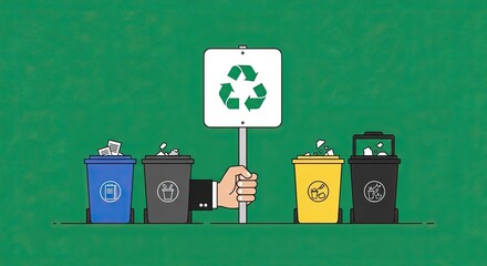 A hand holds a recycling sign above four different colored trash bins, promoting environmental awareness.