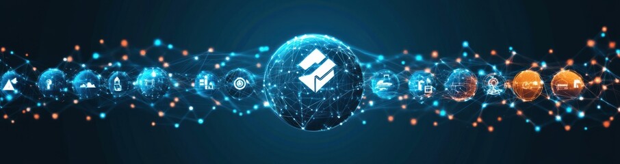 Obraz premium Digital network with interconnected glowing spheres displaying futuristic technology and business-related icons on a dark blue background