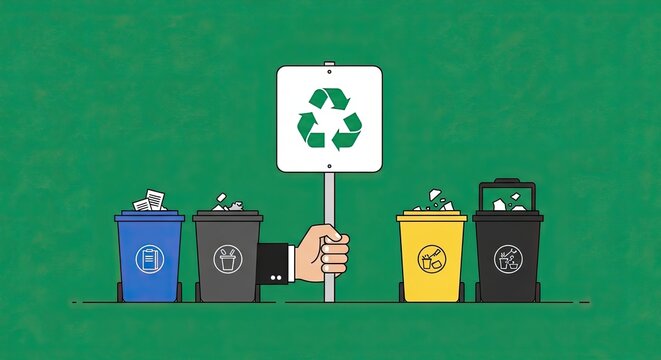 A hand holds a recycling sign above four different colored trash bins, promoting environmental awareness.