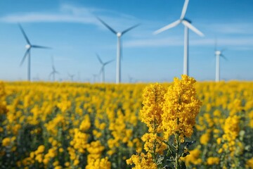 Bright yellow flower field with multiple wind turbines under a clear blue sky representing clean energy and nature harmony
