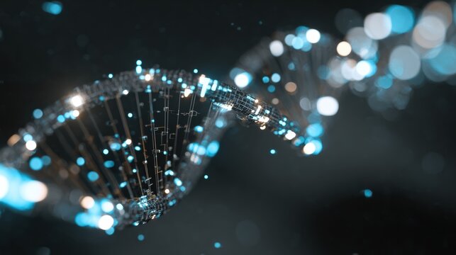 A complex visualization of a DNA double helix, illuminated by glowing blue and white particles, creating a striking contrast against a dark backdrop.