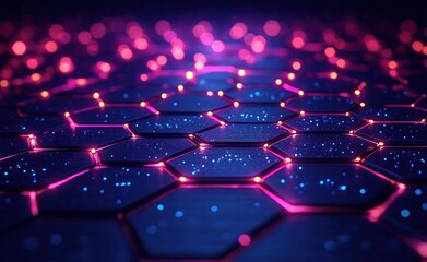 Close-up of futuristic hexagonal grid pattern illuminated with neon pink and blue lights in a dark setting, evoking a high-tech and digital atmosphere