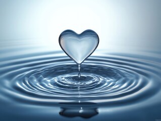 Clear water droplet shaped like a heart creating concentric ripples on a calm water surface, evoking calmness and purity