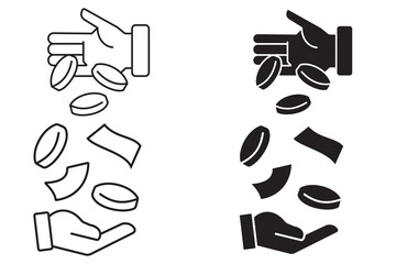 Hand money exchange icons in filled and outlined style. Hand Gives a Coin to the Other Hand. Line art and solid black styles included. Vector illustration.