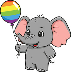 Cute baby elephant holding rainbow balloon, adorable cartoon animal illustration, happy smiling elephant for kids, nursery design, vector artwork
