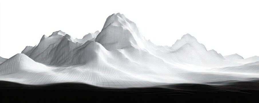 Monochrome digital wireframe mountain landscape with detailed contours and peaks on a white background
