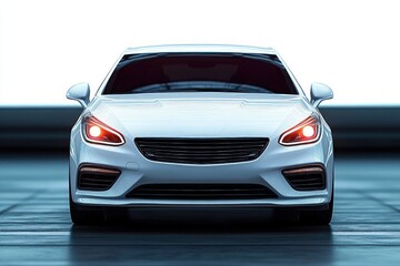 Front view of a sleek white modern car with its red headlights illuminated on a reflective surface