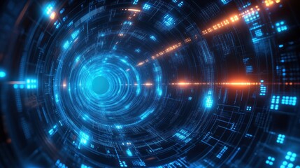 Obraz premium Futuristic digital tunnel with glowing blue and orange circuit-like patterns conveying a sense of depth and technological advancement
