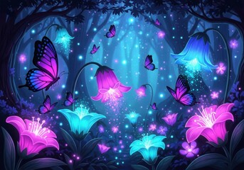 Enchanting bioluminescent forest with glowing flowers and mystical butterflies at night