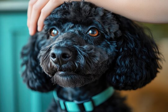 close-up of a black curly-haired small dog with shiny brown eyes wearing a teal collar being gently petted on the head, evoking a sense of affection and calm