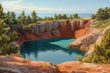 Tranquil blue water lake surrounded by steep rocky cliffs and green pine trees under a partly cloudy sky