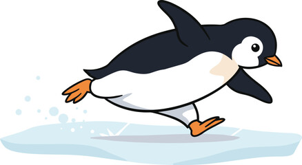 Cute cartoon penguin sliding on ice, happy winter animal illustration, funny playful penguin character, arctic wildlife design for kids
