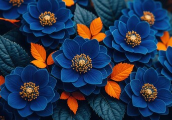 Vibrant blue anemone flowers with contrasting orange leaves in close up