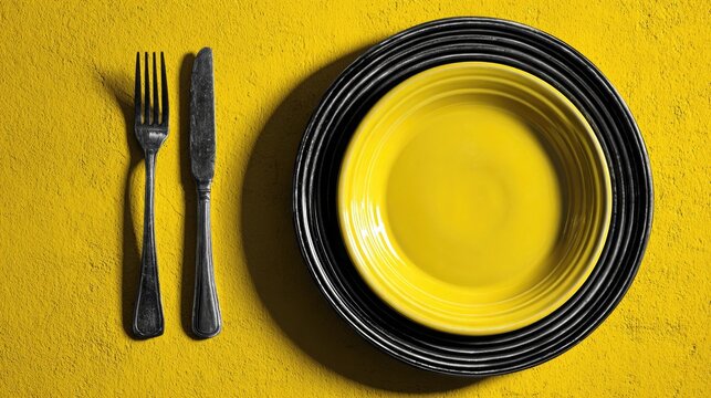 Elevate your food presentations with this vibrant yellow plate on a textured background, complemented by sleek cutlery for a modern dining experience ready for your next culinary creation